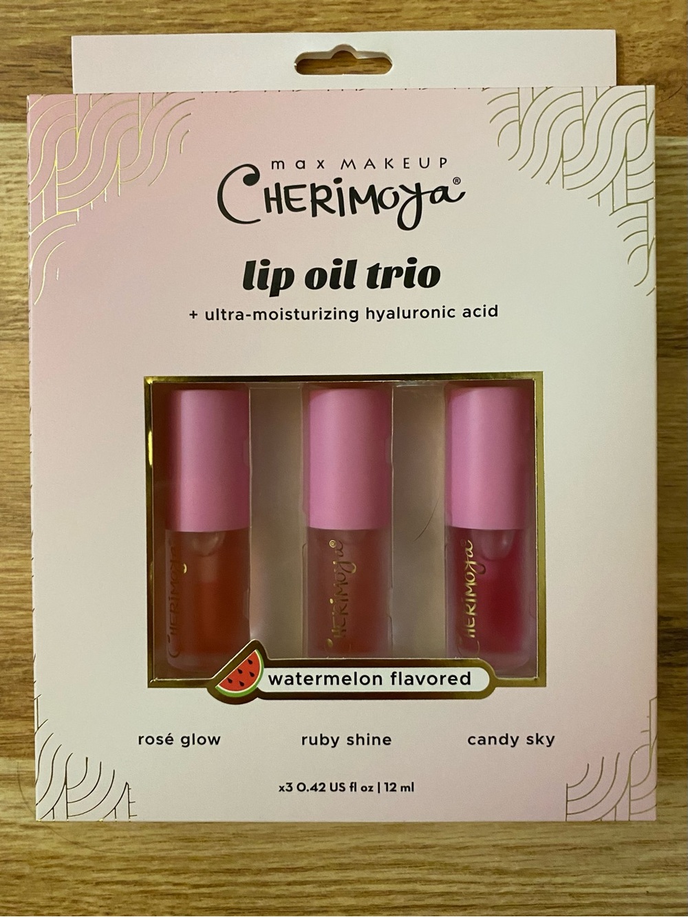 Max Makeup Lip Oil Trio - Watermelon Flavored (Rosé Glow, Ruby Shine, Candy Sky